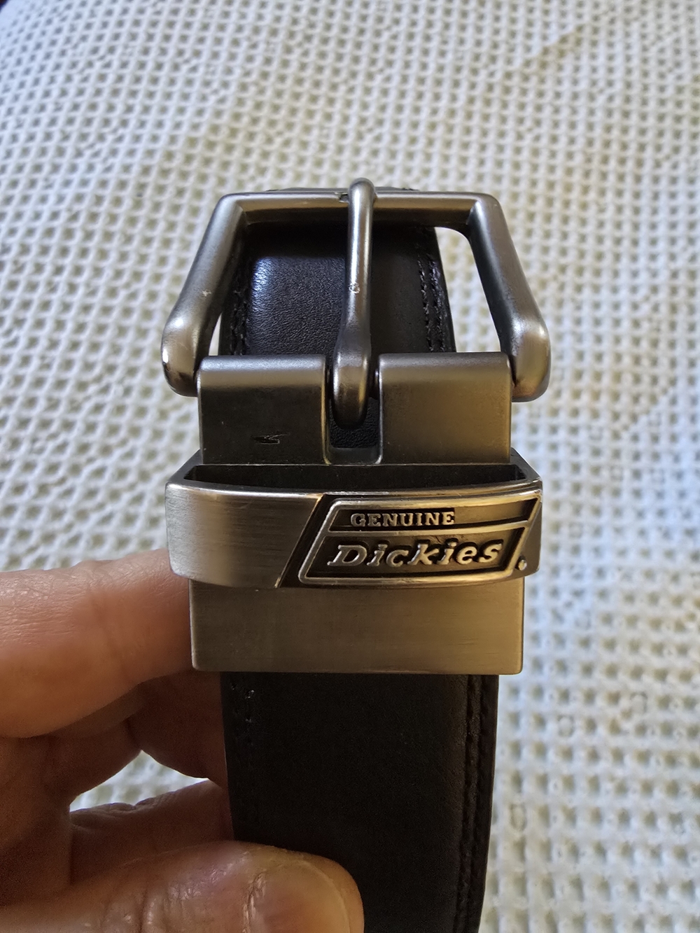 Gently Used Dickies Black Leather Belt with Brushed Silver Buckle 46"
